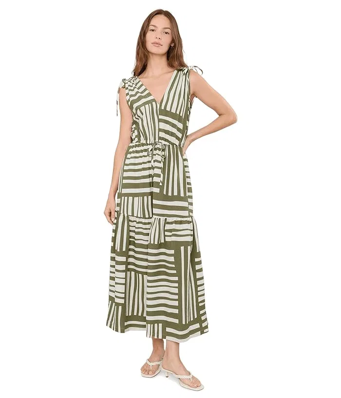 Платье миди с V-образным вырезом Sleeveless V-Neck Striped Gauze Midi Calvin Klein, Light Olive/Cream — фото 2