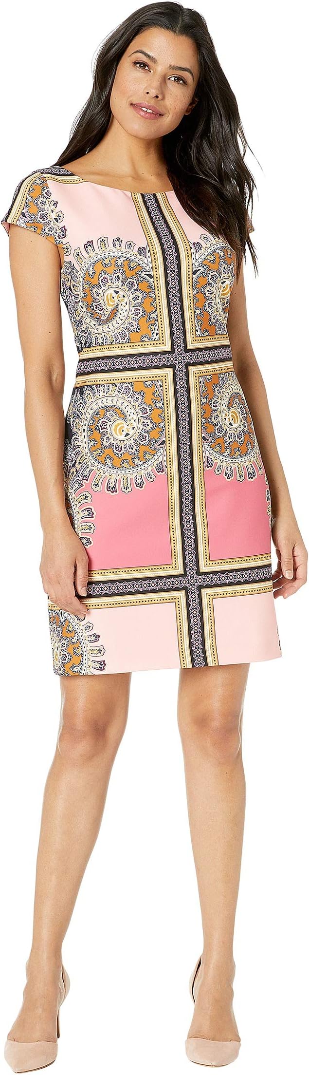 

Платье Vince Camuto Printed Scuba Crepe Cap Sleeve Shift, цвет Pink Multi
