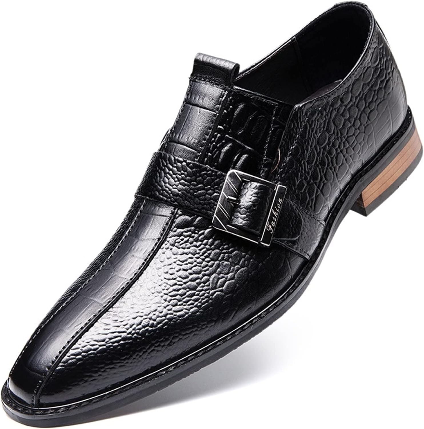 

Мужские туфли на выход слипоны с монк-ремнем, крокодиловый принт, теплая отделка, квадратный носок, кожаные, противоскользящие, низкий каблук, повседневные (Цвет: черный, Размер: 6.5) Evser