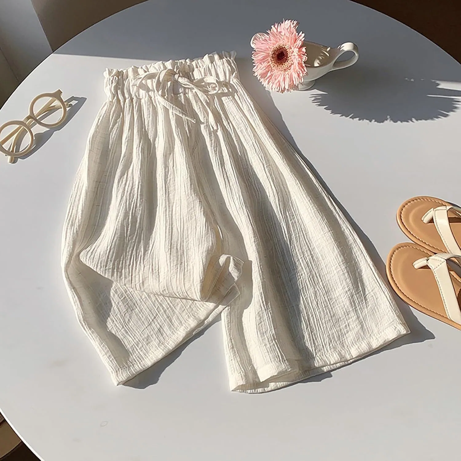 Детские шорты хлопковые льняные с высокой талией, White — фото 3