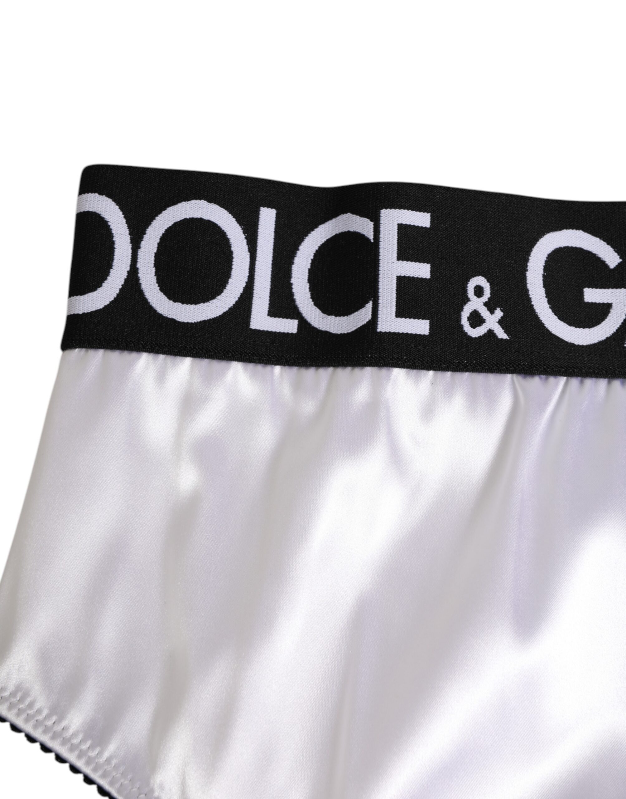 Женское нижнее белье из белого атласа с высокой талией и черным логотипом Dolce & Gabbana, белый — фото 2