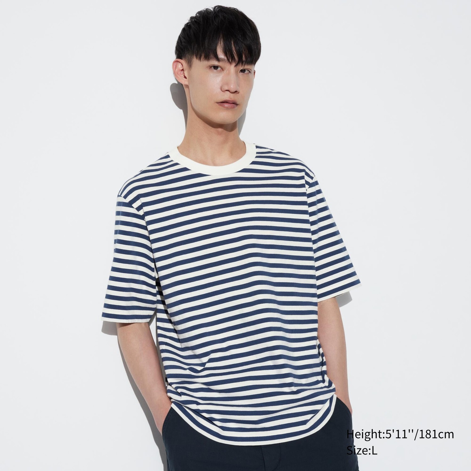 

Футболка полосатая оверсайз Uniqlo с круглым вырезом, темно-синий