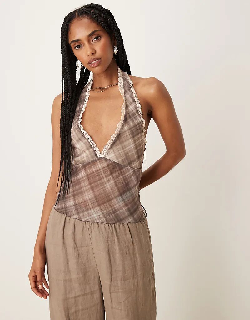 

Сетчатый топ ASOS DESIGN с глубоким вырезом и кружевной отделкой, клетчатый коричневый цвет