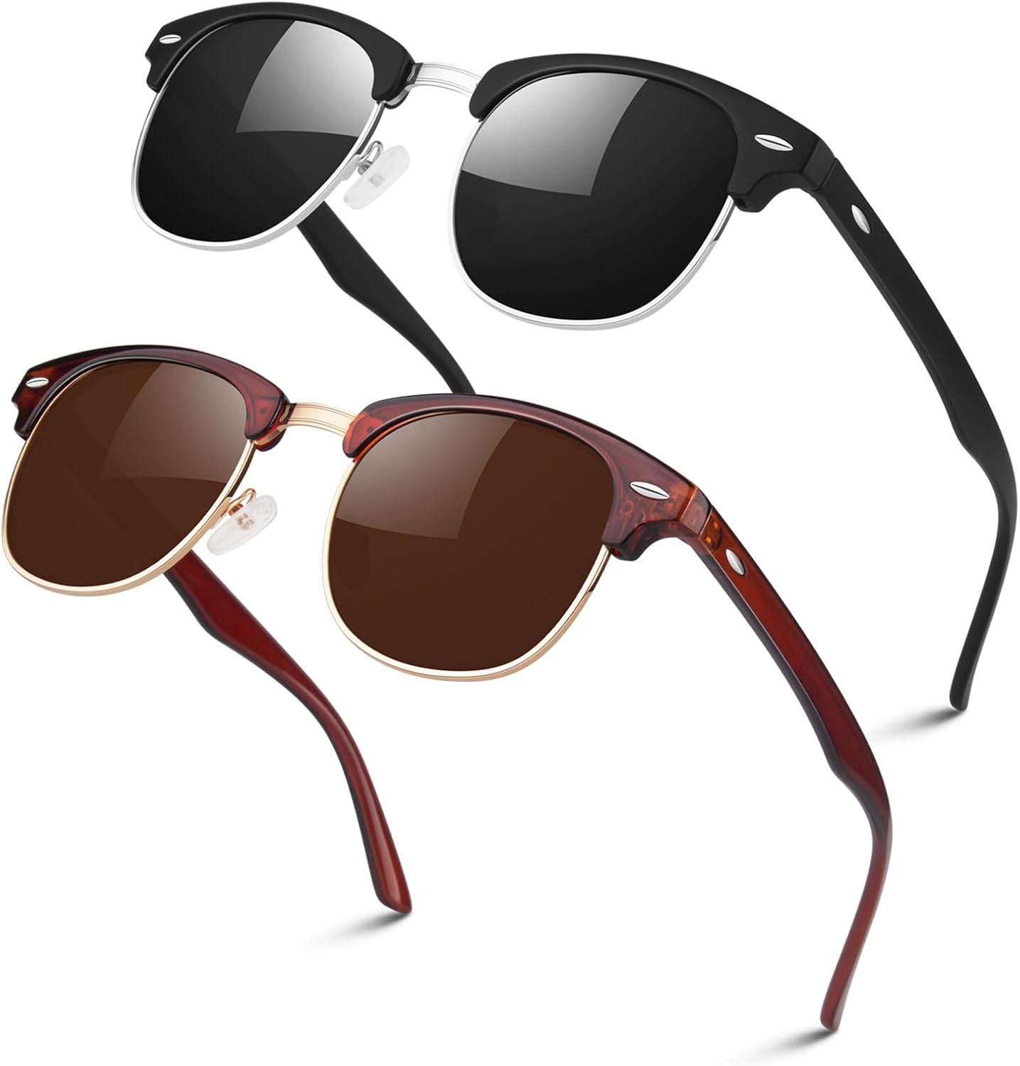 

Поляризованные солнцезащитные очки LINVO в полуободковой оправе для мужчин и женщин, классические ретро-очки в полуободковой оправе для вождения с защитой от УФ-излучения, B Matte Black Silver Rim / Brown