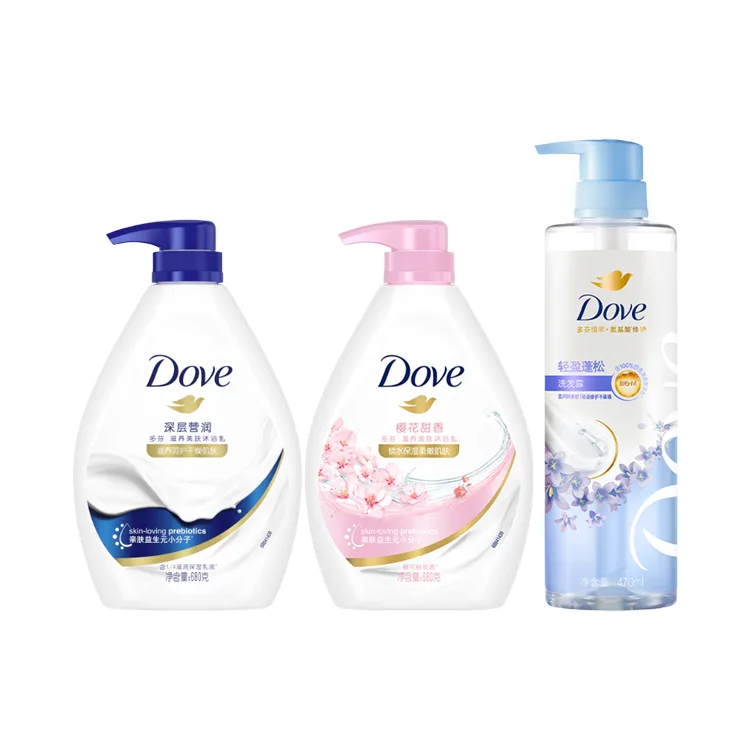 Набор для ухода и очищения кожи с увлажняющим эффектом Dove, Three-Piece Set: Milk Shower Gel 680g+Cherry Blossom Shower Gel 680g+Bluebell Shampoo 470ml