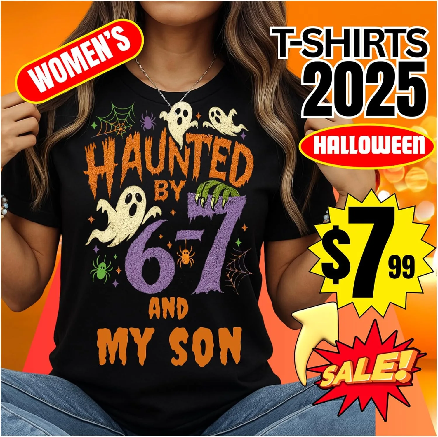 Футболка с принтом "Haunted by 6-7 and My Son" на Хэллоуин - смешная футболка с мемом-призраком, унисекс, жуткая футболка, семейная осенняя одежда, вирусный подарок для родителей GENERIC, черный
