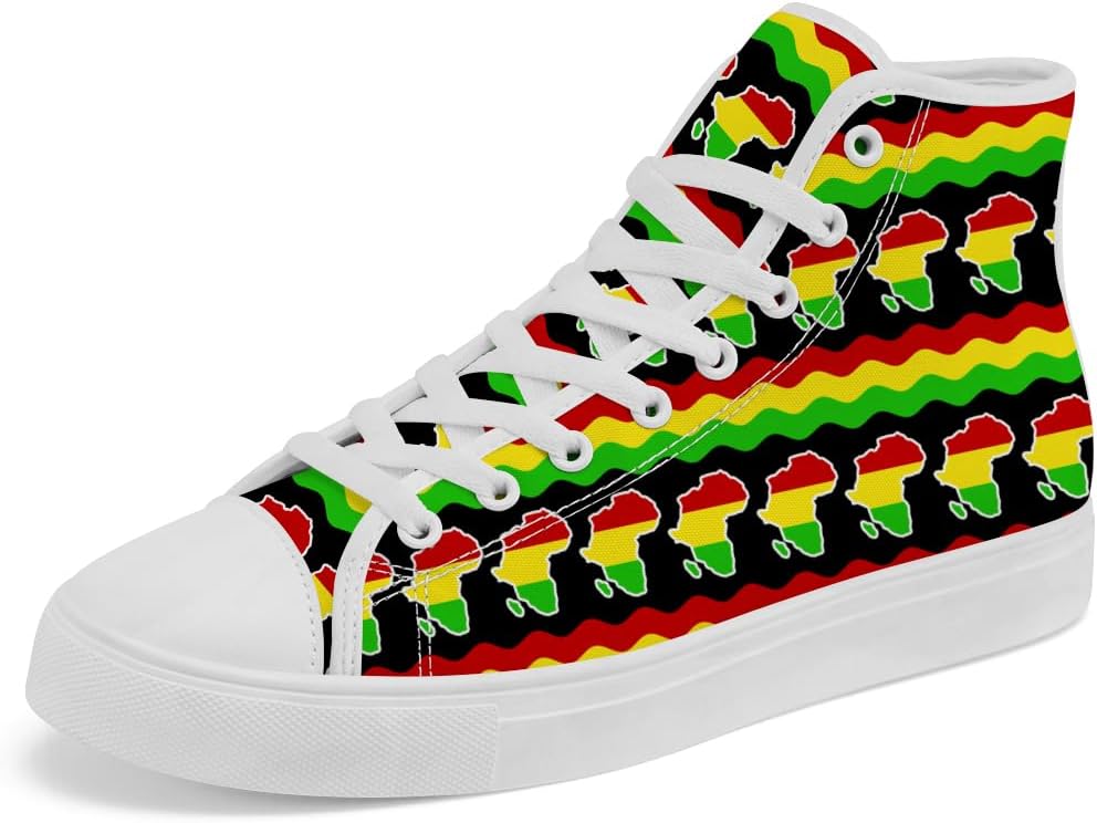 

Женские и мужские африканские высокие кеды Chebing, кеды на шнуровке для празднования Juneteenth, повседневная обувь, подарки для мужчин и женщин, красный/зеленый/желтый