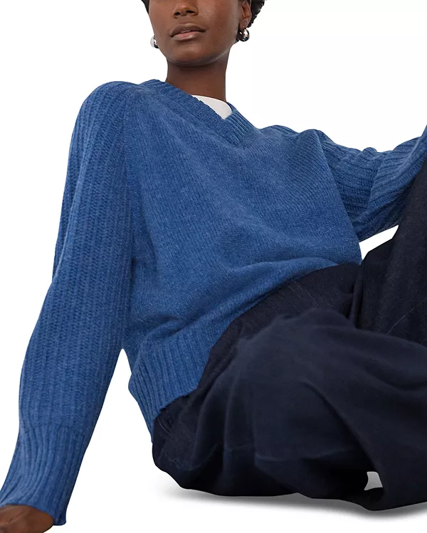 

Вязаный свитер из шерсти с ребристыми рукавами и V-образным вырезом Whistles, синий