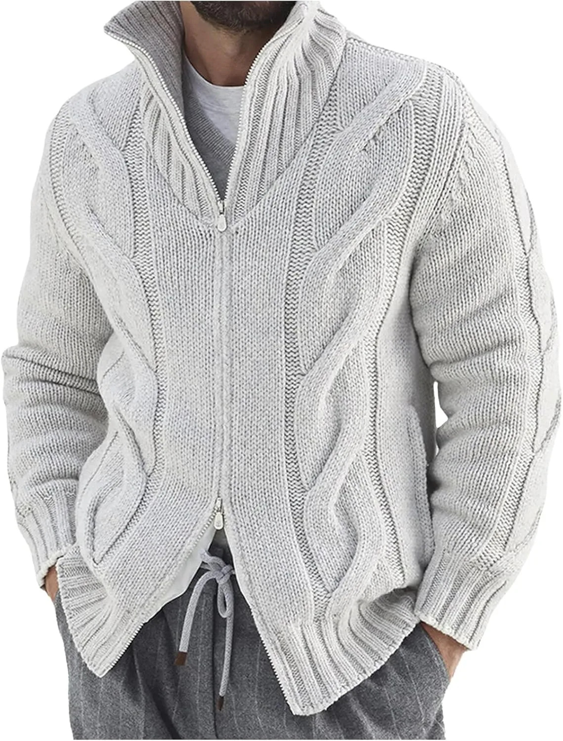 

Мужской кардиган с воротником стойкой, кабельная вязка, молния