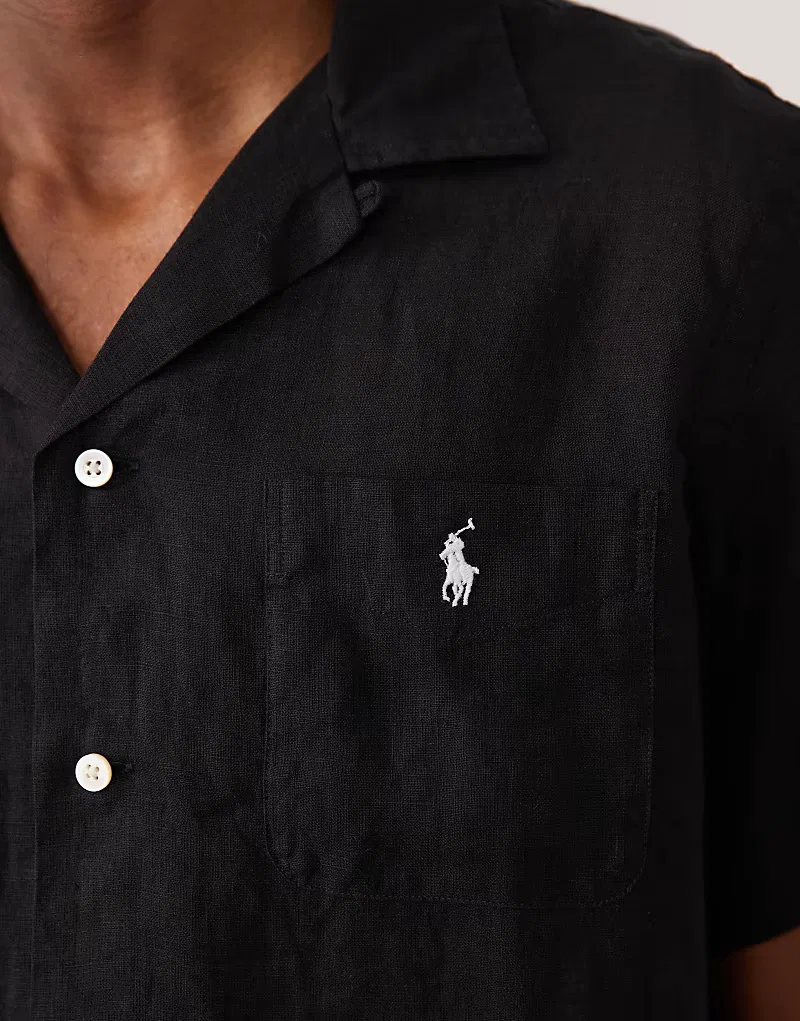 Черная льняная рубашка Polo Ralph Lauren с коротким рукавом и логотипом бренда Icon — фото 3