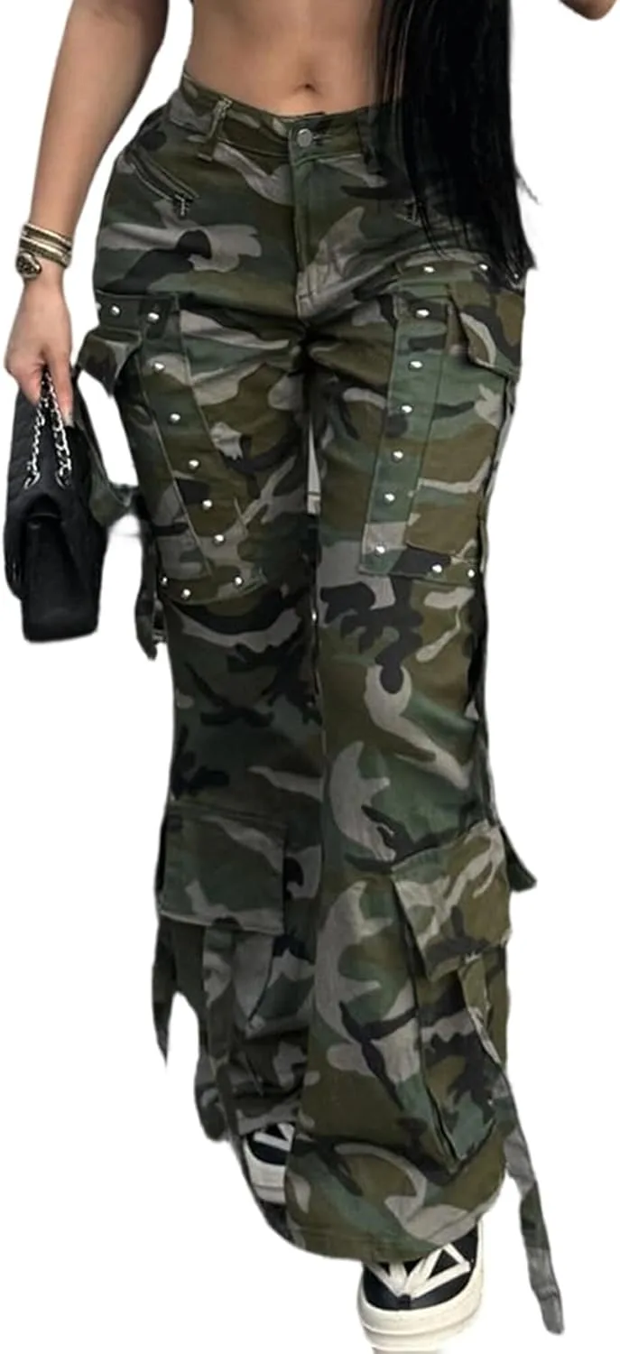 

DINGANG женские джинсы bell bottom high waisted camouflage cargo flare