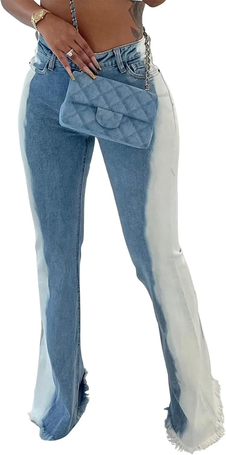 

Женские джинсы Sexyshine Bell Bottom с высокой талией, потертые, с бахромой и градиентным цветным блоком