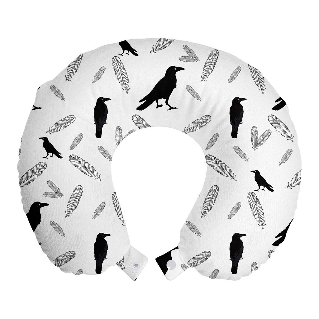 

ABAKUHAUS Black Crow Дорожная подушка для шеи, готические птицы и перья, пенопластовые дорожные принадлежности для самолета и автомобиля, 30x30 см, угольно-серый и белый