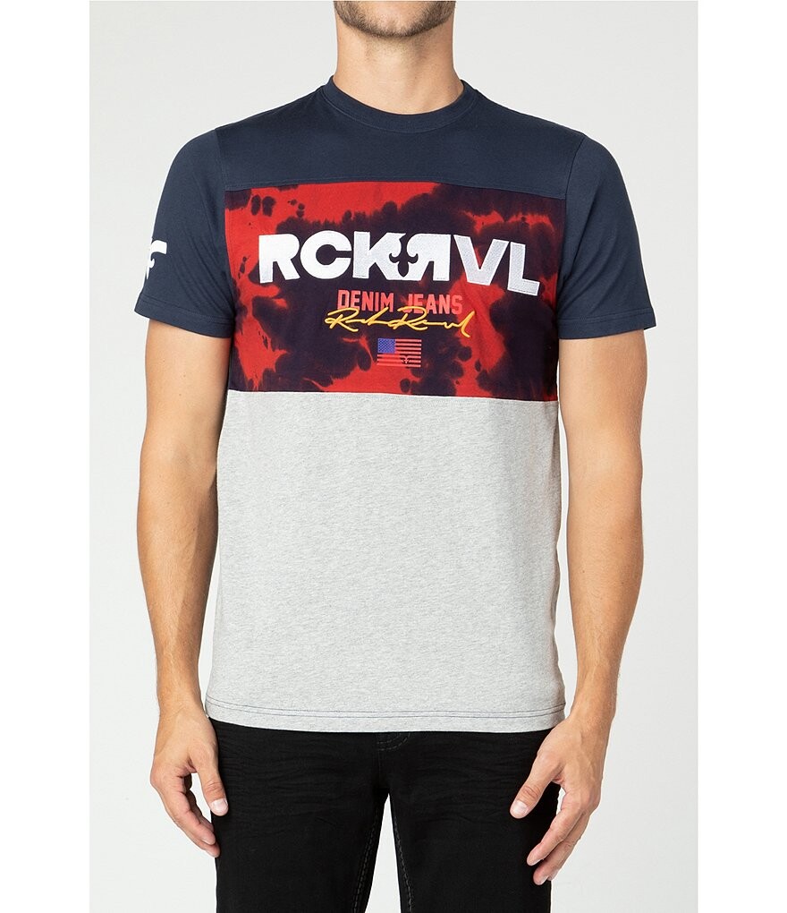 

Футболка с короткими рукавами Rock Revival, смешанная техника, цветные блоки/тай-дай, Americana, синий