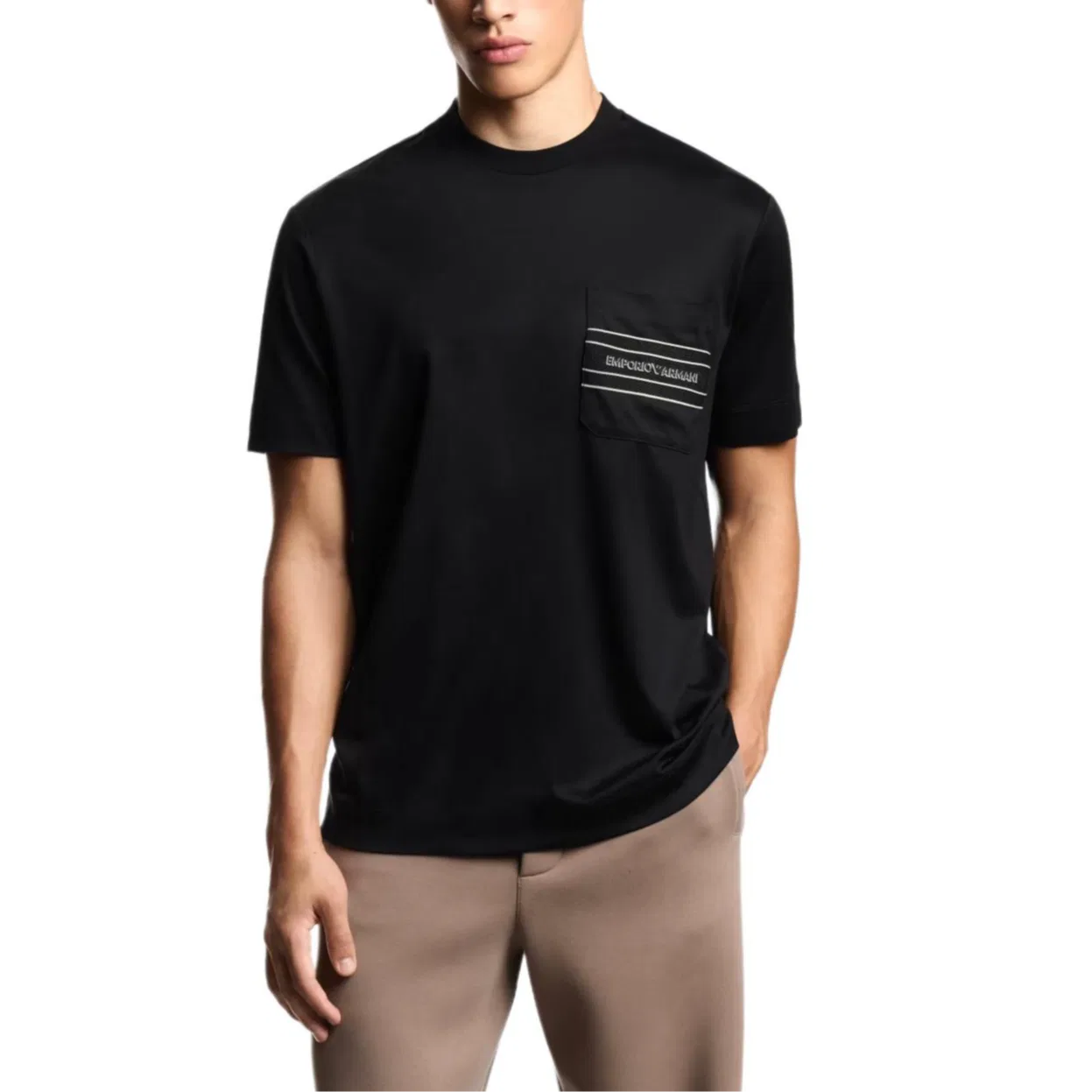 Футболка из смесового лиоцелла с карманом и 3D-логотипом EMPORIO ARMANI, Black — фото 3