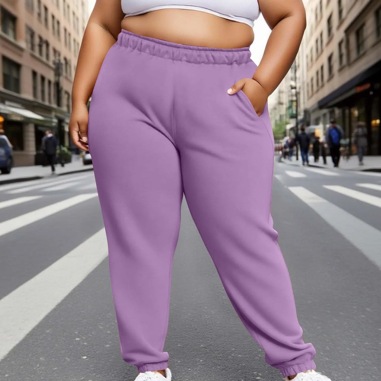 Брюки-джоггеры для женщин Plus Size с высокой талией, мехом и карманом Generic, фиолетовый — фото 3