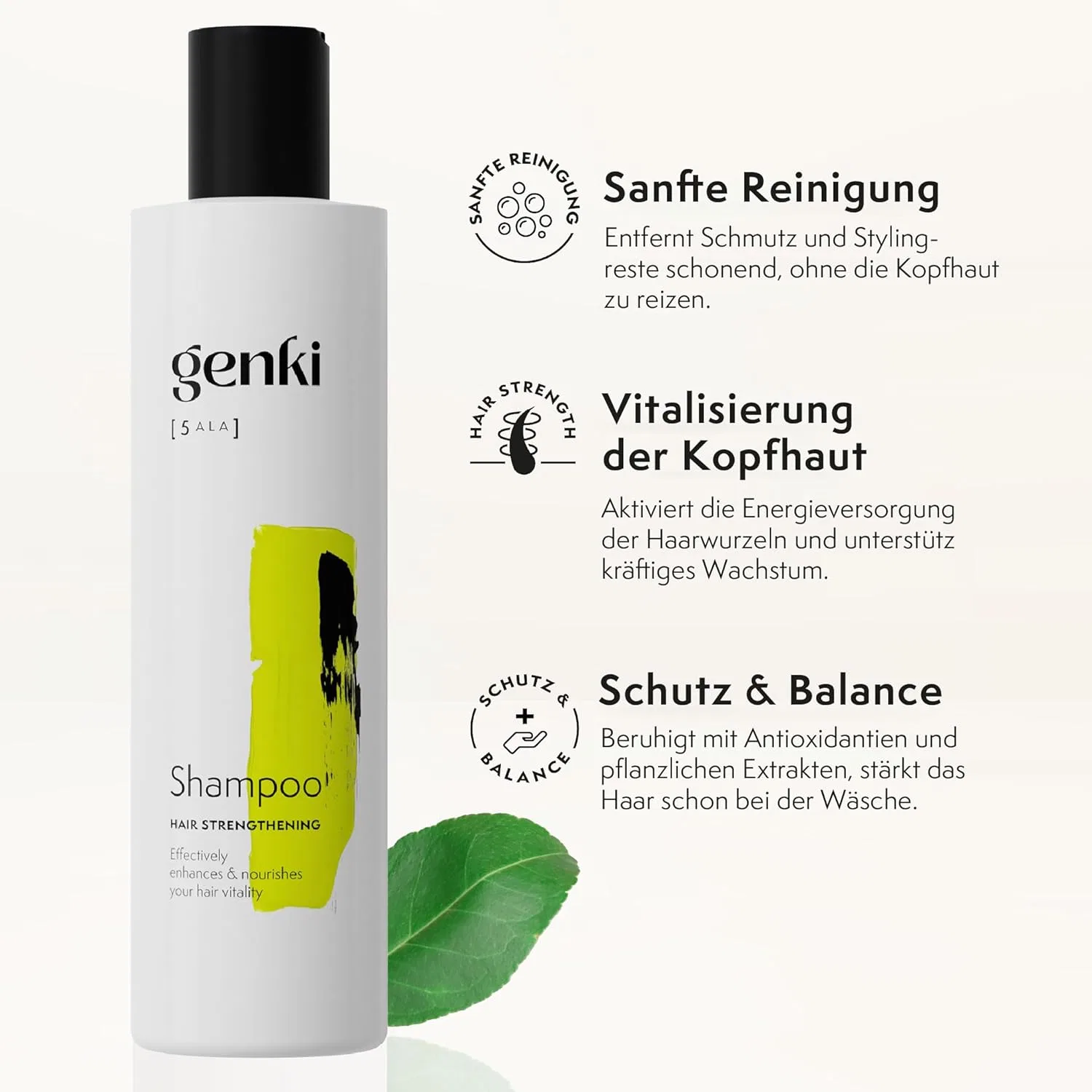 Укрепляющий шампунь для волос 5-ALA с зеленым чаем и пантенолом Genki Haircare — фото 2