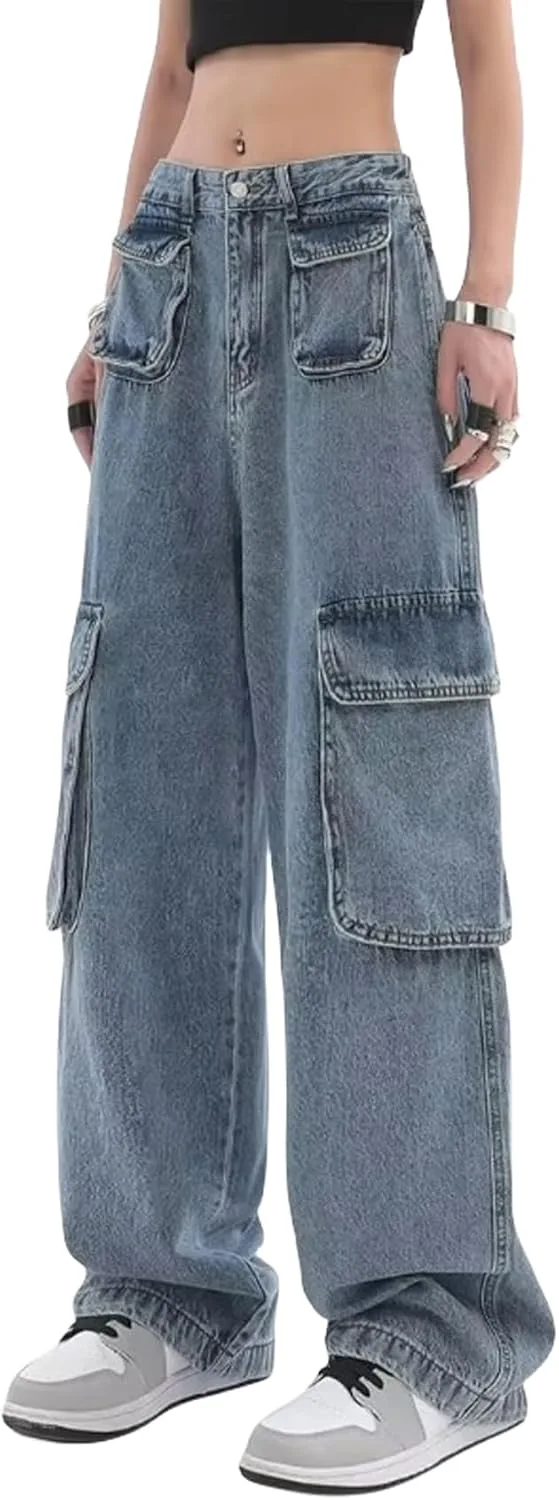 

Perbai женские багги карго джинсы low rise wide leg