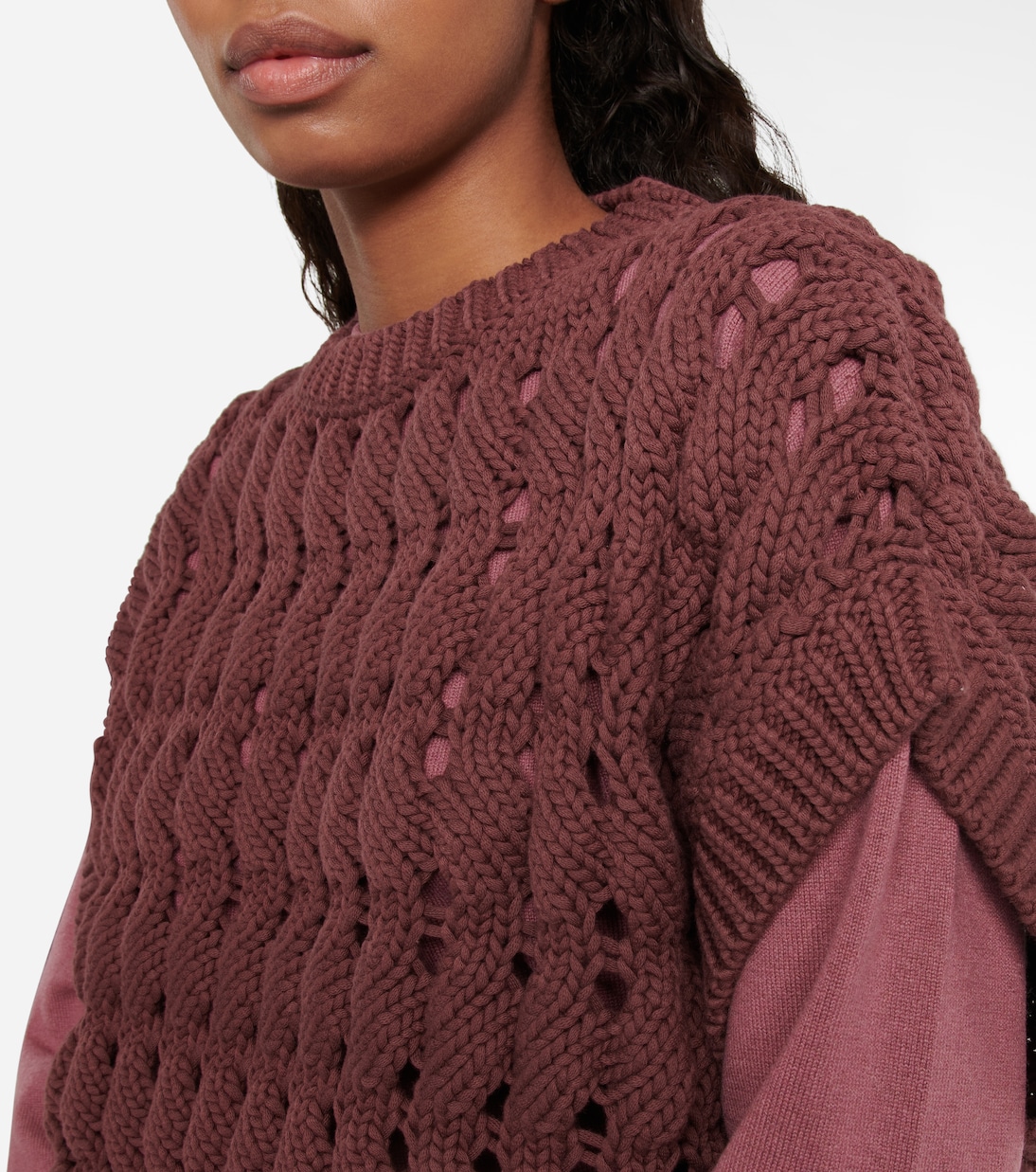 Ажурный топ из смесового хлопка Brunello Cucinelli, Burgundy Orchid — фото 4