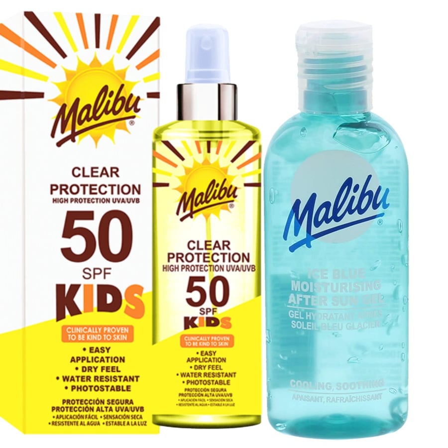 

Бесцветный спрей Malibu для детей SPF50 250 мл + Гель после загара 100 мл