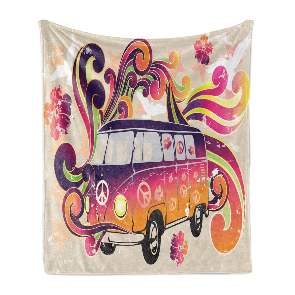 

ABAKUHAUS Boho Мягкое фланелевое флисовое одеяло, дом на колесах с символом мира, караван, мотивы пейсли, графический узор индийского гибискуса, 175 x 230 см, разноцветный