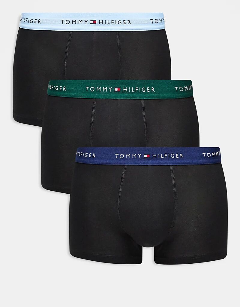 

Фирменные хлопковые трусы-боксеры Tommy Hilfiger из трех пар черного цвета с поясом зеленого/синего цвета