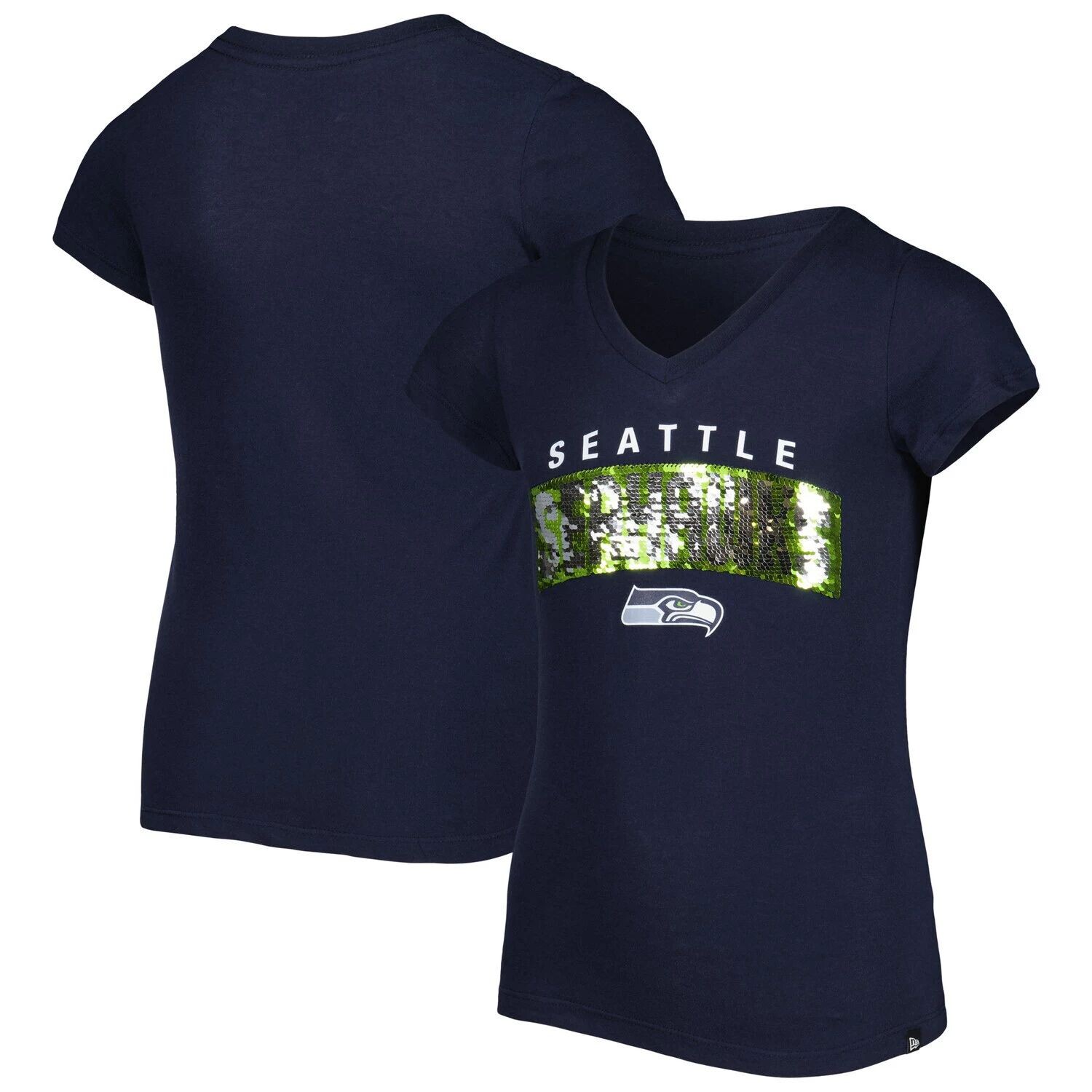 

Молодежная футболка New Era College Seattle Seahawks с обратными пайетками и надписью с v-образным вырезом New Era