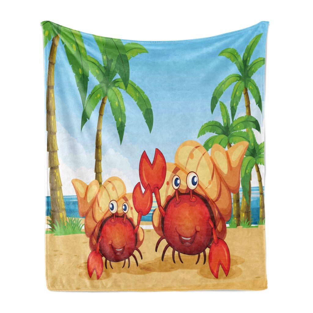 

ABAKUHAUS Hermit Crab Мягкое фланелевое флисовое одеяло, Улыбающиеся крабы-отшельники на тропическом фоне, 175 x 230 см, Бледно-голубой, разноцветный