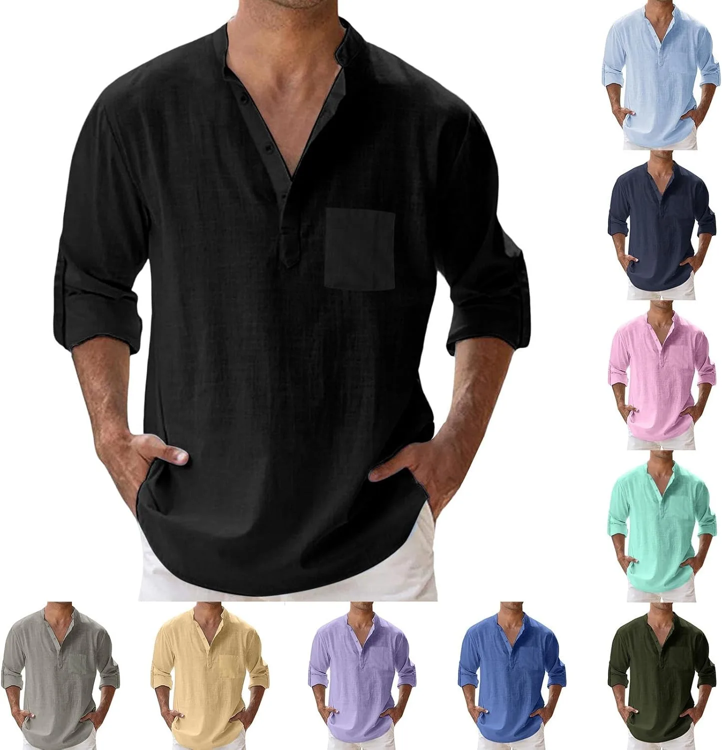 

Мужская льняная рубашка с длинным рукавом и пуговицами