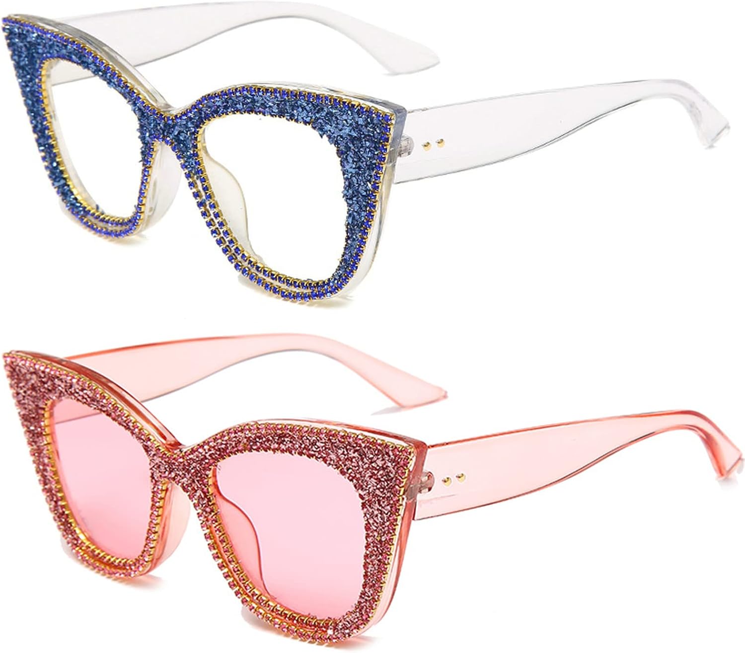 

Модные солнцезащитные очки большого размера с крупными стразами в форме «кошачьих глаз» для женщин, винтажные солнцезащитные очки в форме бабочки с бриллиантами, элегантные женские очки mincl, 2pcs-pink&clear Blue