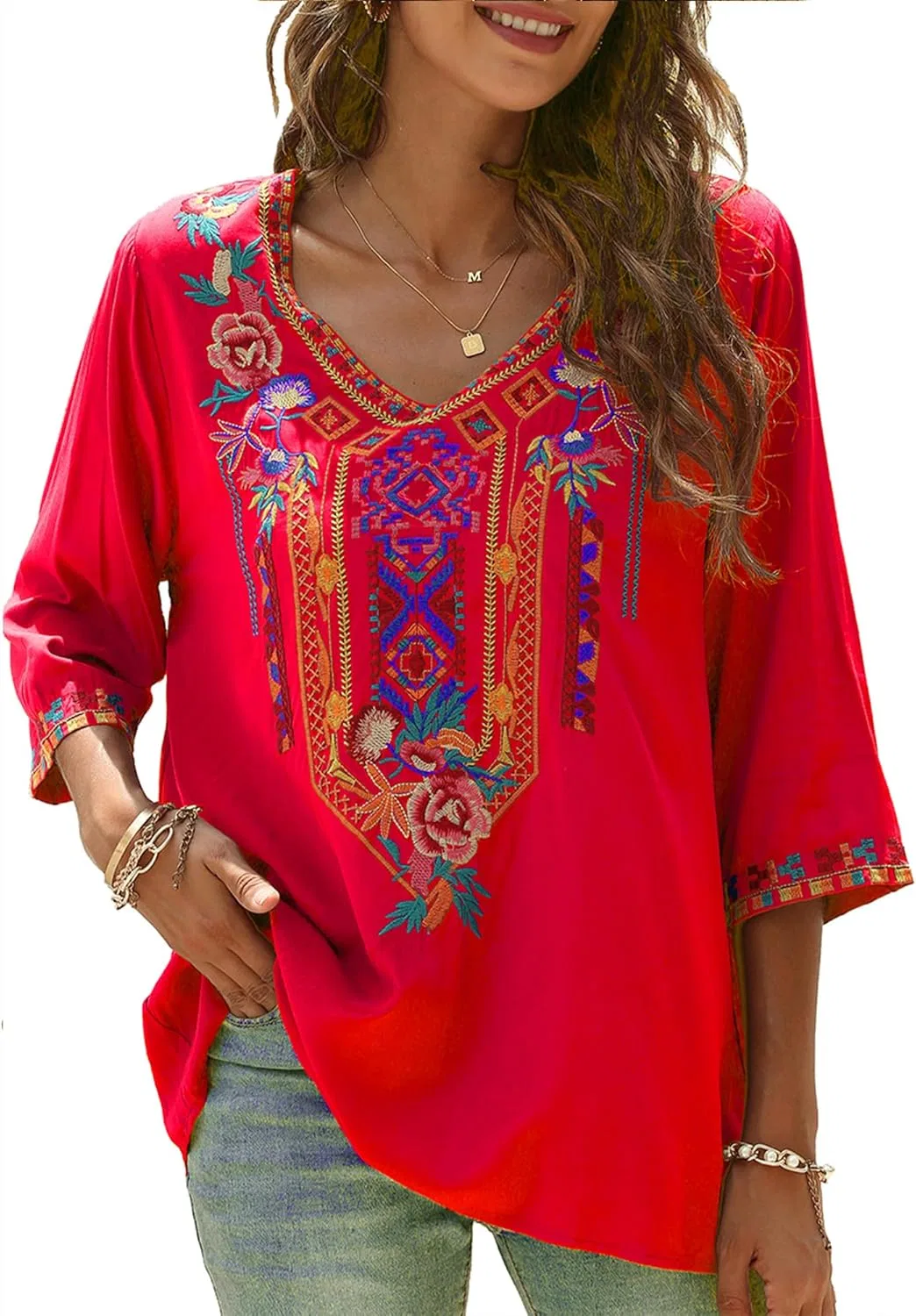 Блуза с цветочной вышивкой, Peasant Top, красный — фото 3