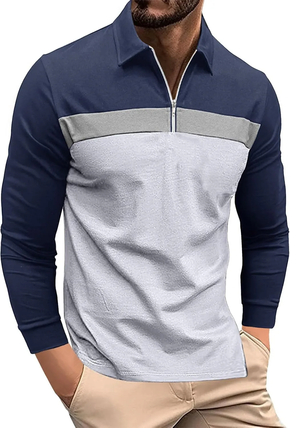 

Футболка мужская 2026 с цветными блоками, длинный рукав, 1/4 молния Lmdudan