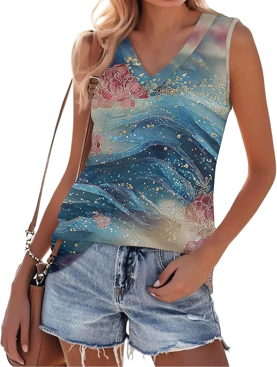 Танк топ женский с V-образным вырезом, принтованный, свободный, Royal Blue