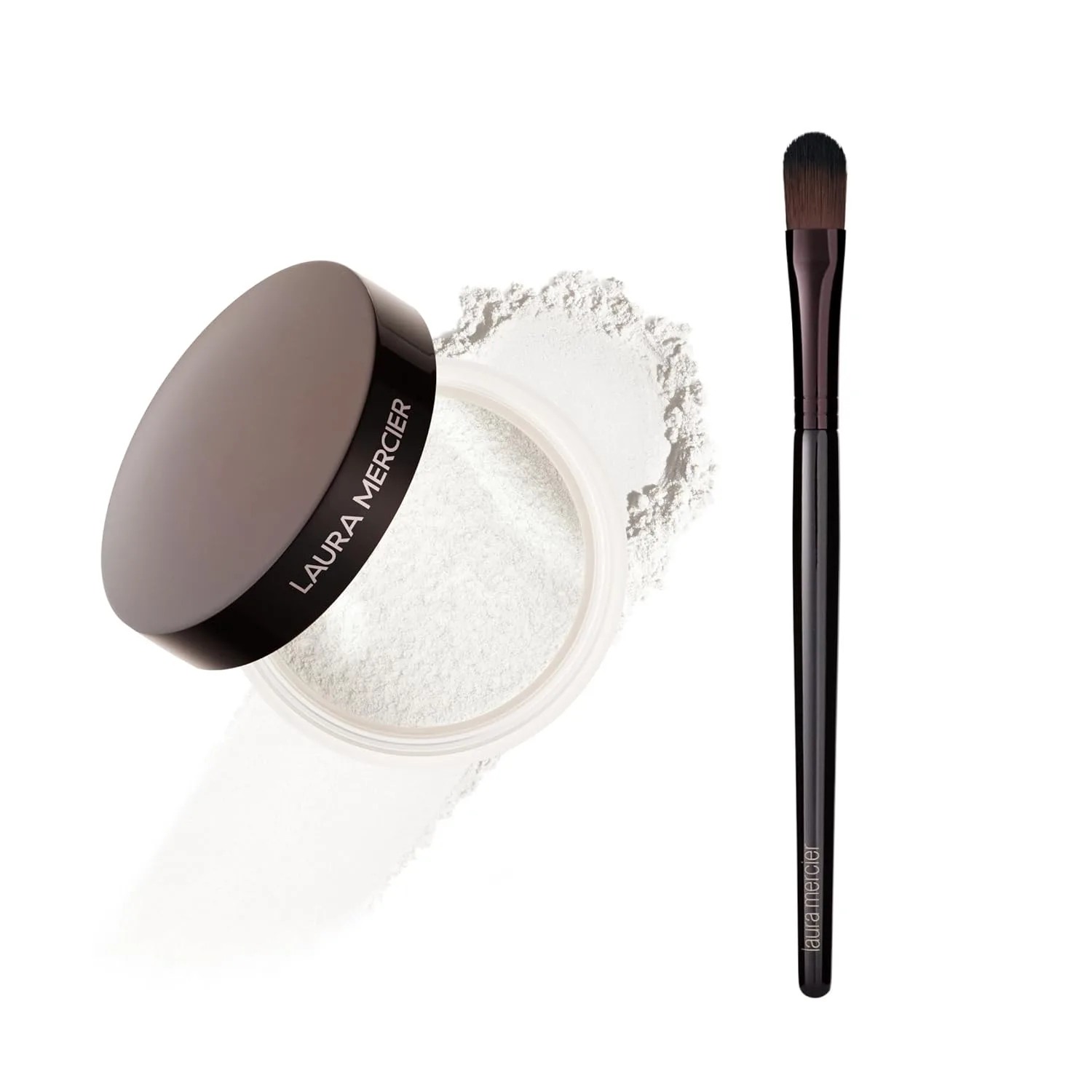 Laura Mercier Secret Brightening Under-Eye Loose Setting Powder, пигменты персикового и розового оттенков для осветления под глазами, коррекции цвета, фиксации и продления стойкости консилера, набор с кистью
