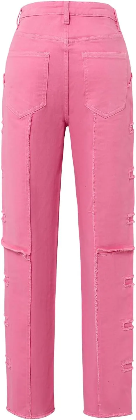 Женские джинсы Mid Waist Loose Slim розовые Stretch Patchwork — фото 2