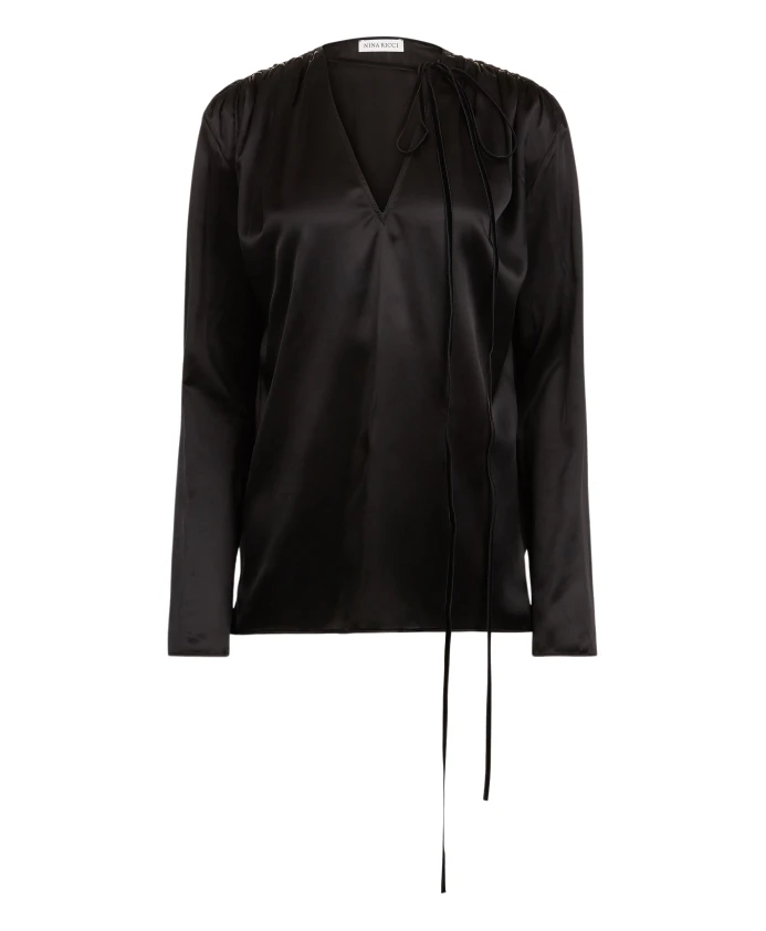 

Черная атласная рубашка с длинными рукавами Nina Ricci, черный