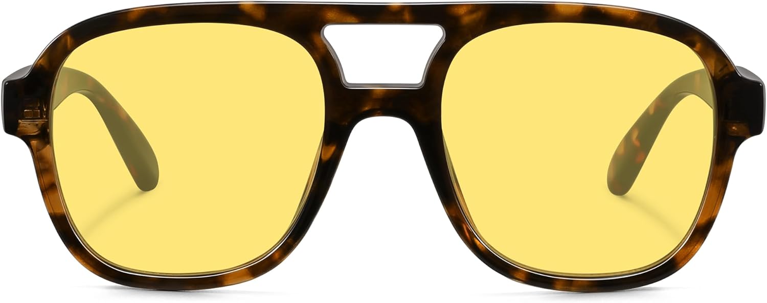 

Ретро большие солнцезащитные очки-авиаторы для женщин, модные винтажные квадратные большие очки-авиаторы с двойной перемычкой, не спутывающиеся линзы Fozono, Tortoise Frame/Yellow Lens