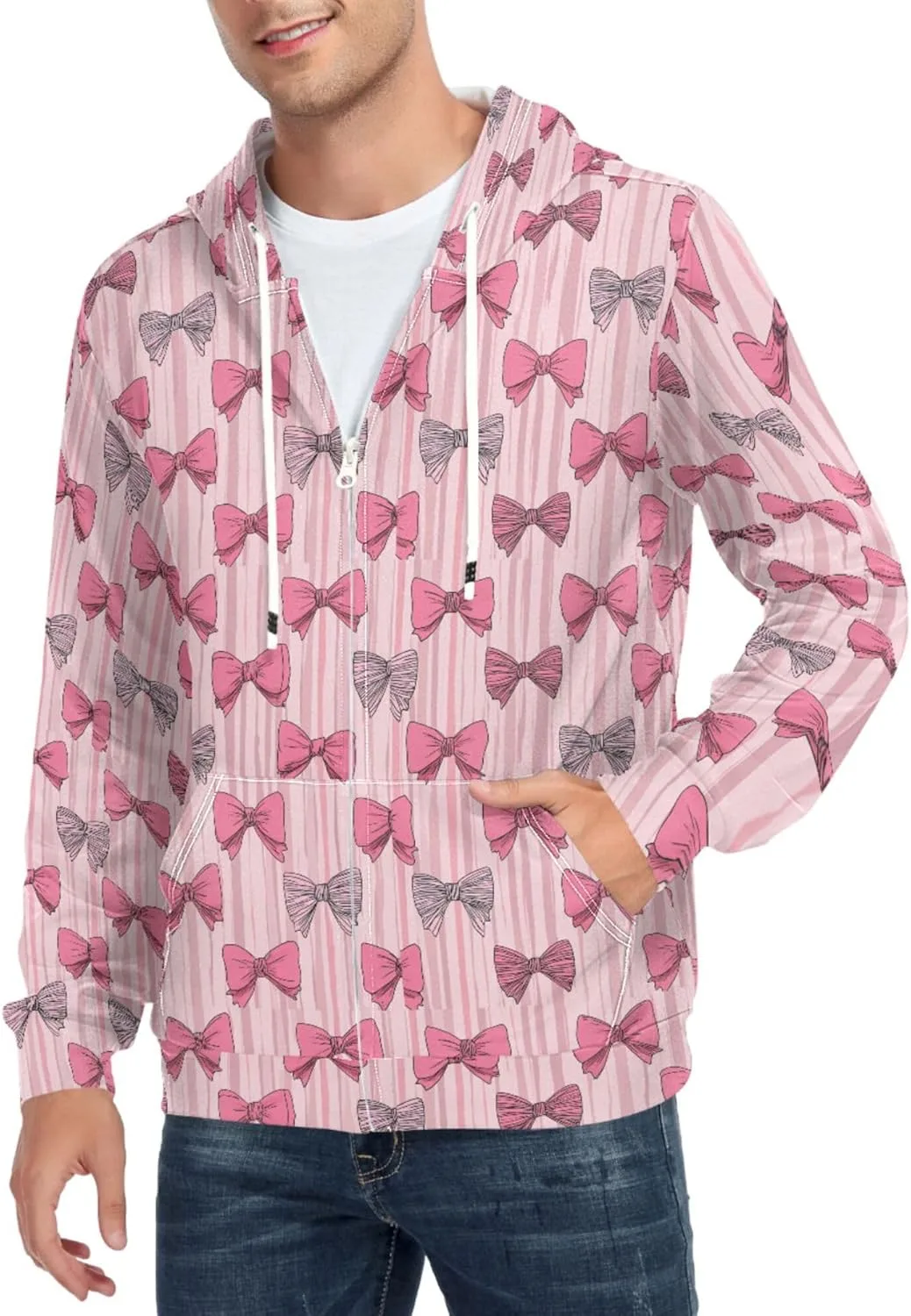 

Мужской худи на молнии с розовыми бантами и полосатым фоном, длинный рукав, карман CUPADA