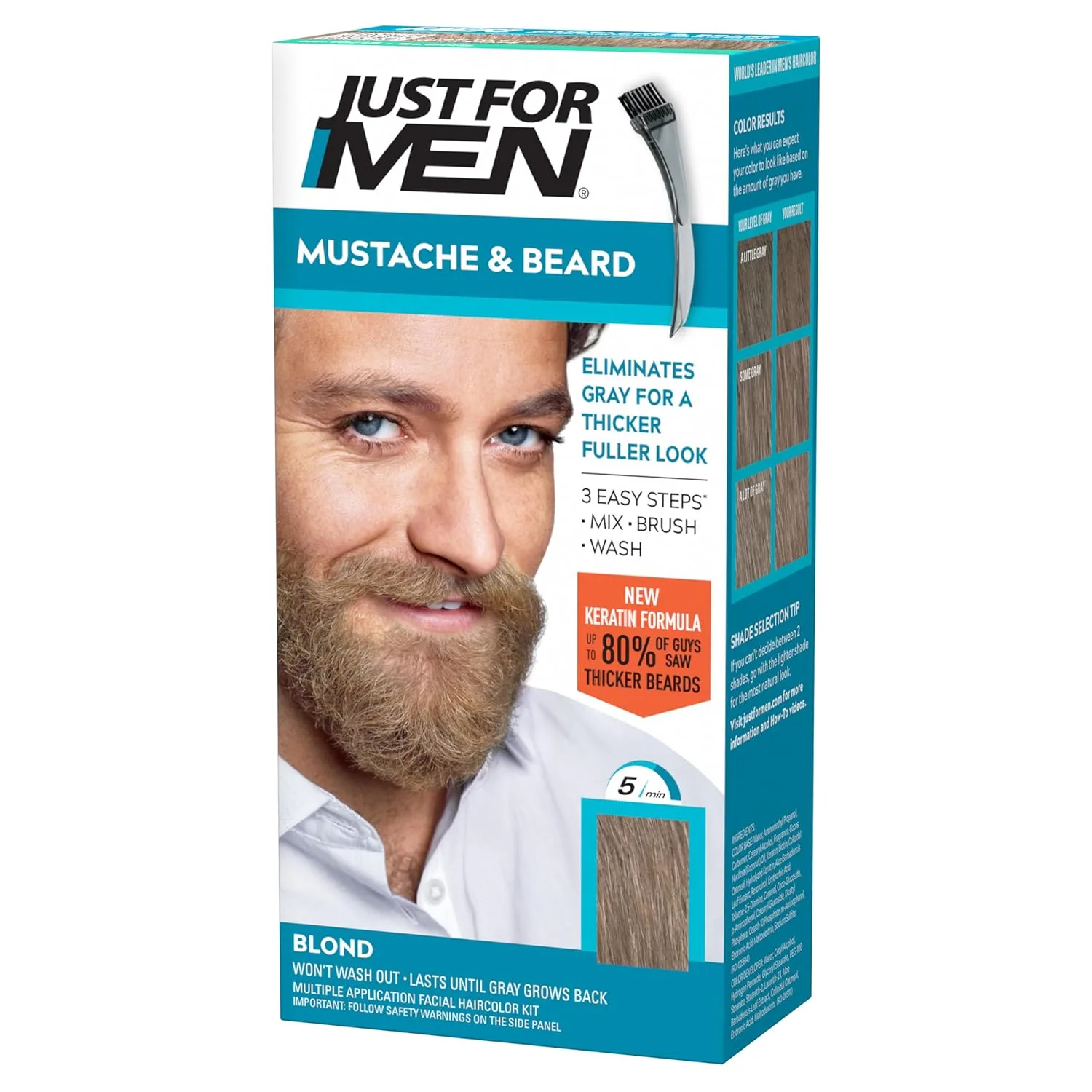 Краска для усов и бороды Just For Men, в комплекте с кисточкой, с кератином, биотином, алоэ и кокосовым маслом для здоровья волос на лице - светлый оттенок, M-10/15, 1 шт. (упаковка может отличаться) 1 штука (1 шт.), Blond M-10/15