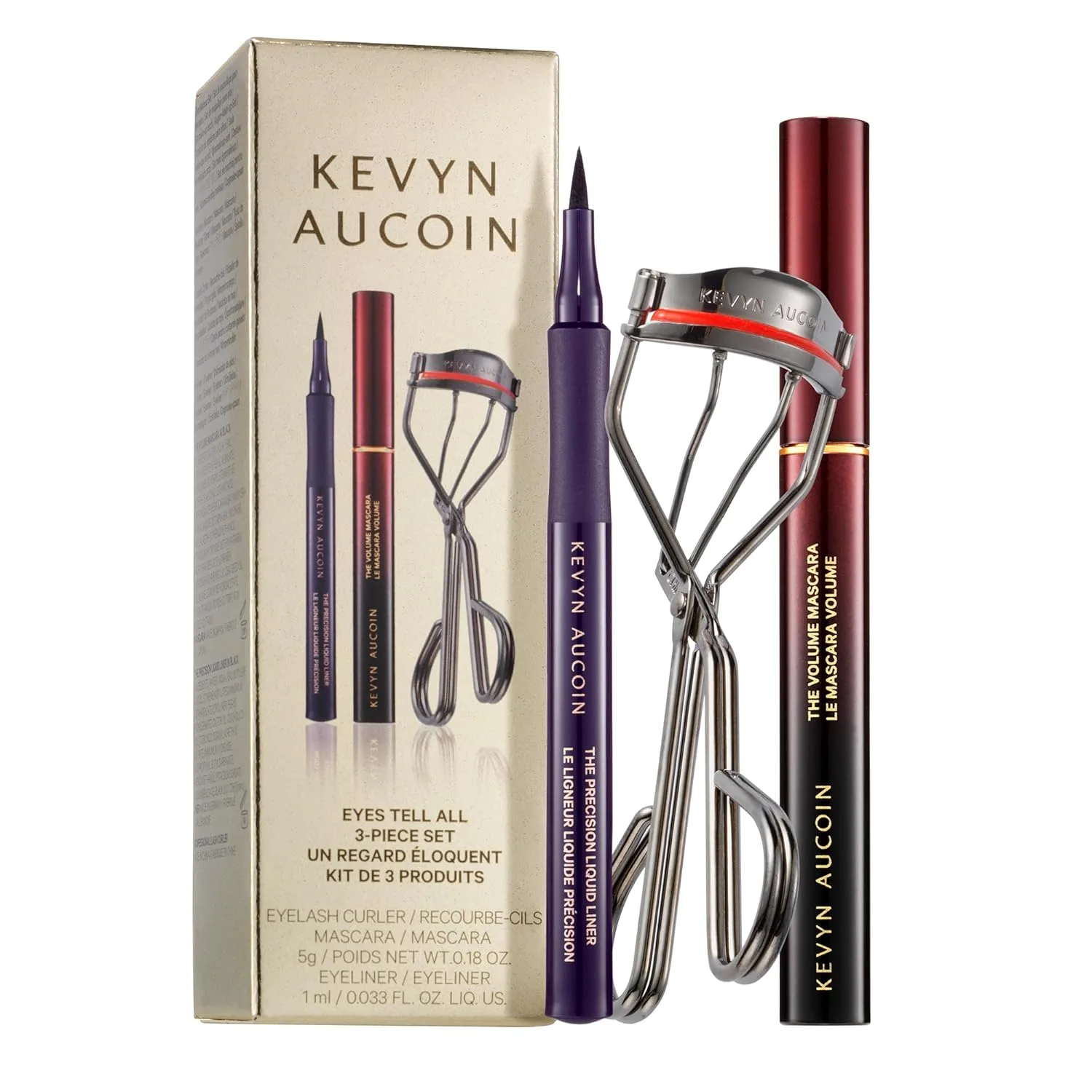 Kevyn Aucoin Eyes Tell All набор из 3 предметов: профессиональная щипцы для завивки ресниц, тушь Volume Mascara и жидкая подводка Precision Liquid Liner в черном цвете, Gold box