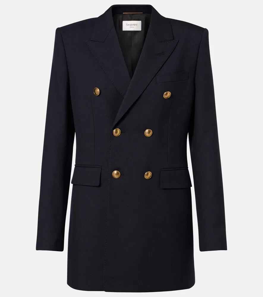 Двубортный шерстяной габардиновый блейзер Saint Laurent, синий