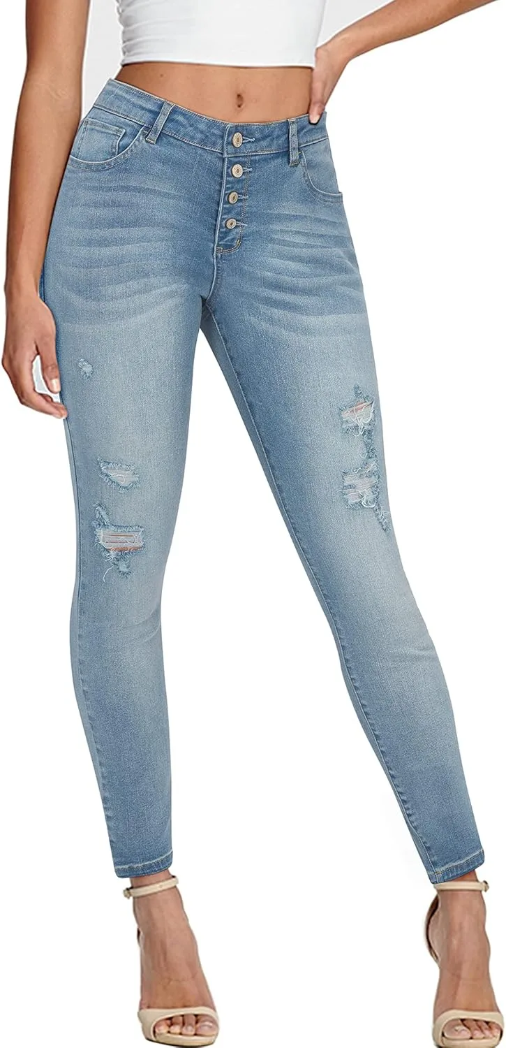 

OUGES Женские джинсы Mid Waist Skinny с потертостями и разрывами