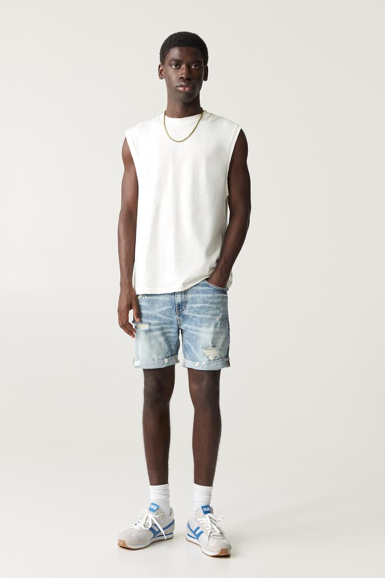 

Шорты-Бермуды из рваного денима Pull And Bear, синий