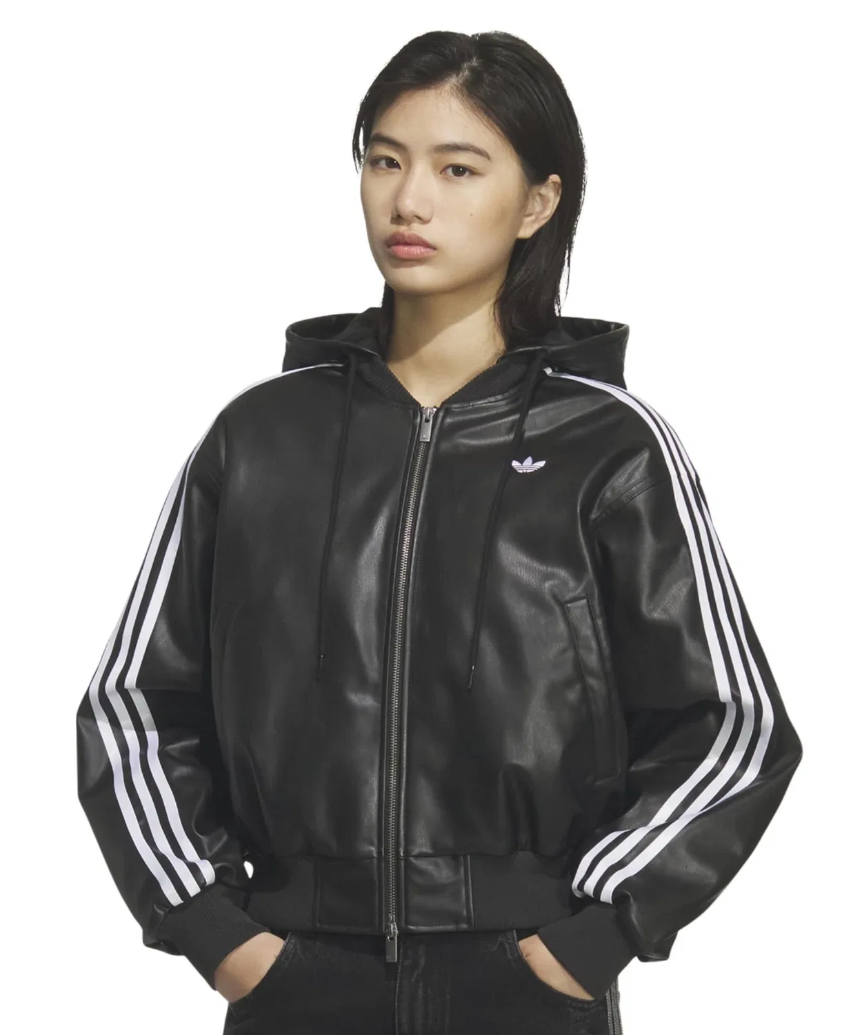 Куртка adidas W PLEATHER JKT оверсайз из синтетической кожи, чёрная