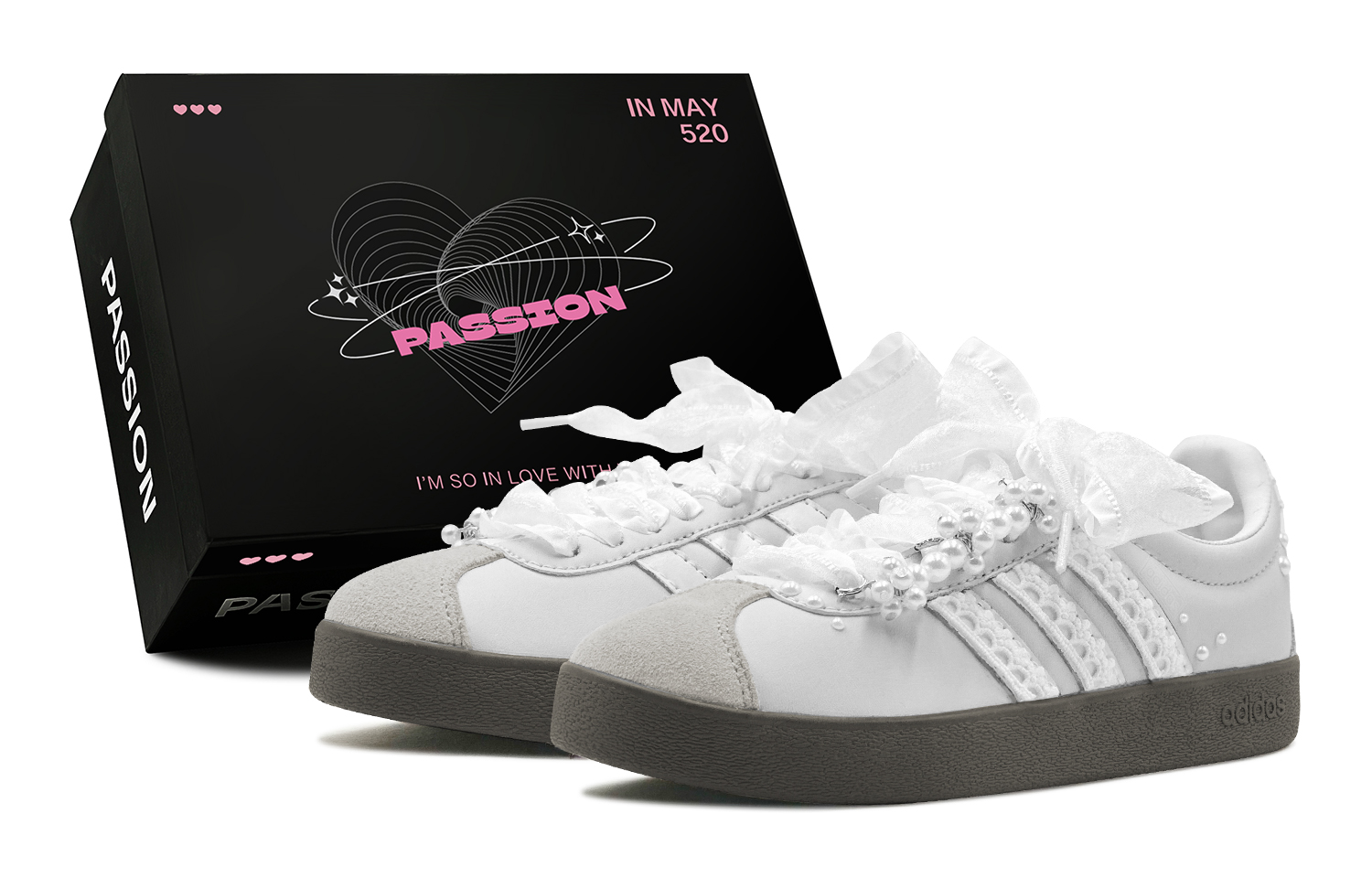 

Adidas VL COURT 2.0 Couple's, Romantic Favor, Pearl Lace, Handcrafted German Army Trainers Unisex Gray White