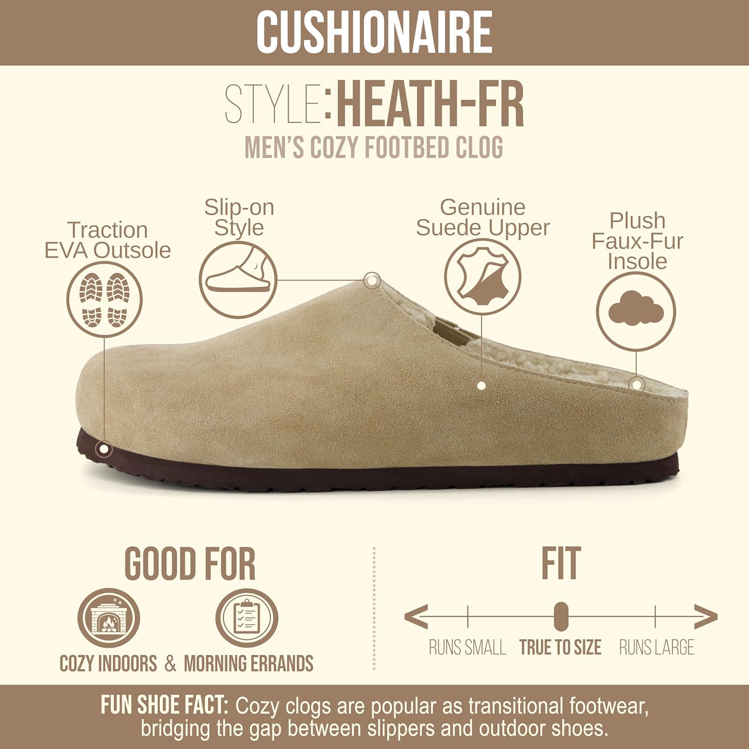 Мужские тапочки CUSHIONAIRE Heath из настоящей замши - уютные домашние сабо с искусственным мехом и ортопедической подошвой с эффектом памяти, для дома и улицы, Taupe — фото 2