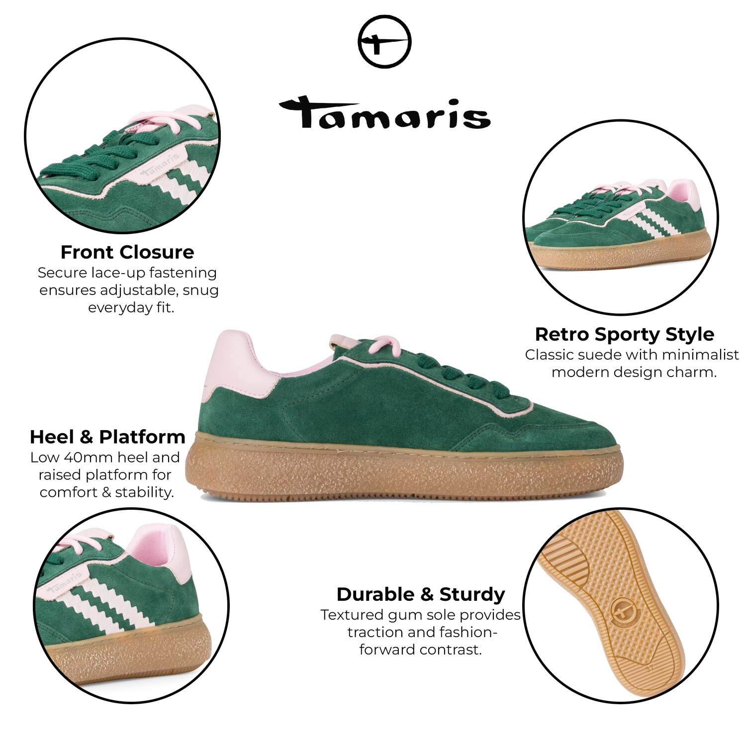 Женские кожаные модные полосатые шнурованные кроссовки Tamaris в зеленом и розовом цвете TMRS — фото 2