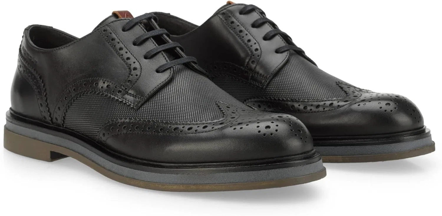 Туфли Ambitious Scarpa Uomo 12391 Brogues Stringata in Pelle Combi Nero U24AM14, Black — фото 2