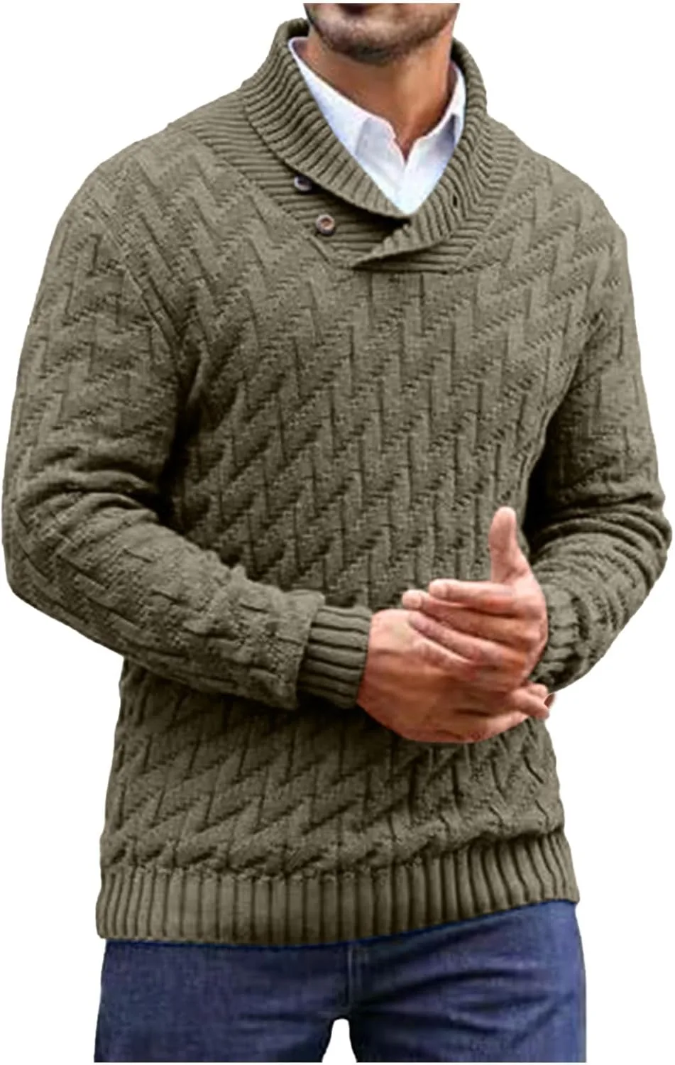 

Мужской свитер с кабельной вязкой и воротником-стойкой