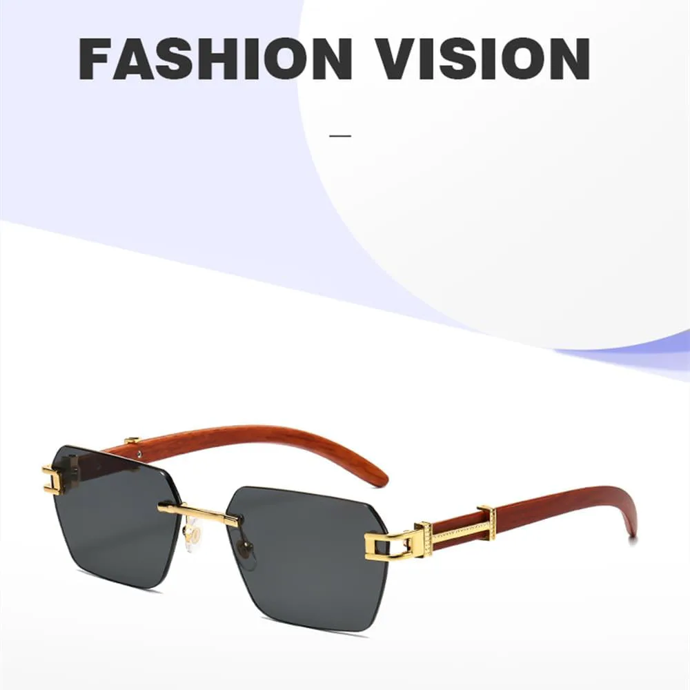 

Солнцезащитные очки без оправы с имитацией древесной текстуры, солнцезащитные очки с металлическими кромками, модные женские солнцезащитные очки generic, Brown